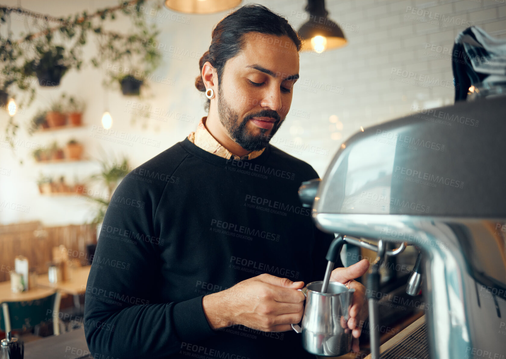 Buy stock photo Small business, cafe barista and man working on morning espresso machine in a restaurant. Waiter, milk foam and breakfast latte of a worker from Brazil busy with drink order service as store manager