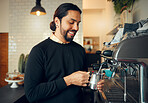 Cafe owner, working barista and coffee shop machine job for morning espresso at restaurant. Waiter, milk foam and small business work of a person working on drink order service as store manager