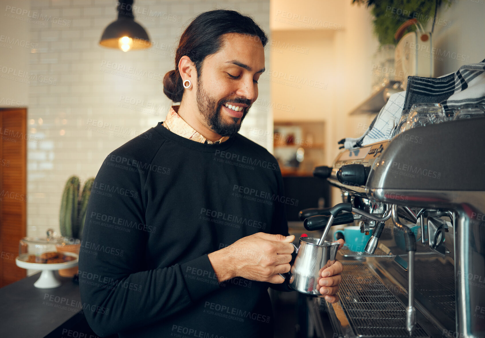 Buy stock photo Cafe owner, working barista and coffee shop machine job for morning espresso at restaurant. Waiter, milk foam and small business work of a person working on drink order service as store manager