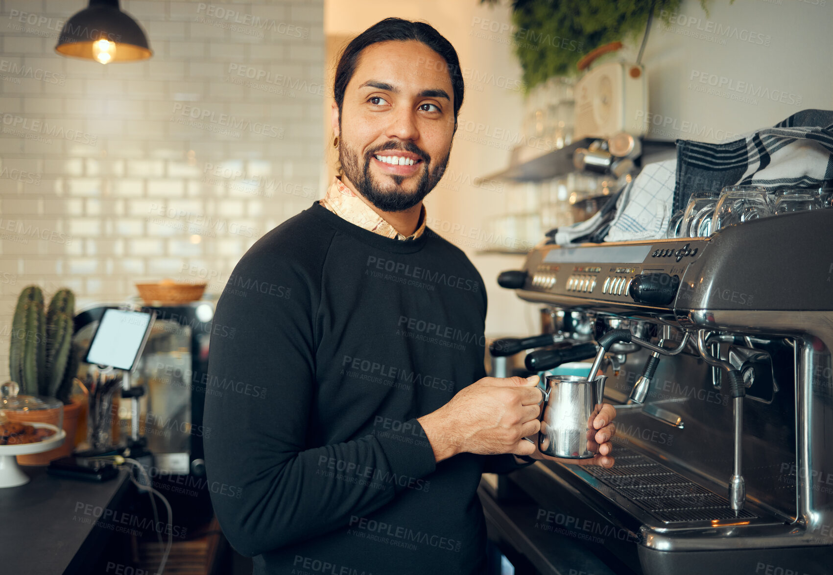 Buy stock photo Cafe, barista and man at coffee machine milk steamer thinking with optimistic and happy smile. Professional coffee shop business owner and entrepreneur guy working at machine in Brazil.


