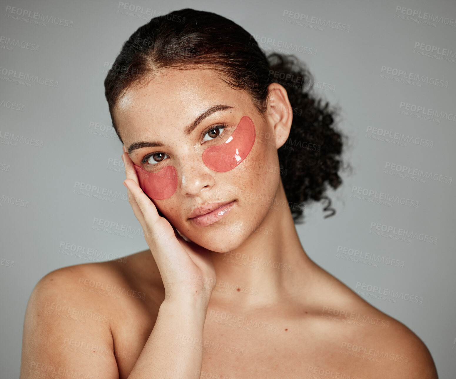 Buy stock photo Eye mask skincare, woman beauty and portrait of a model with dermatology and wellness product for eyes. Facial, face cosmetics and healthy self care of a person with a collagen eye treatment for glow