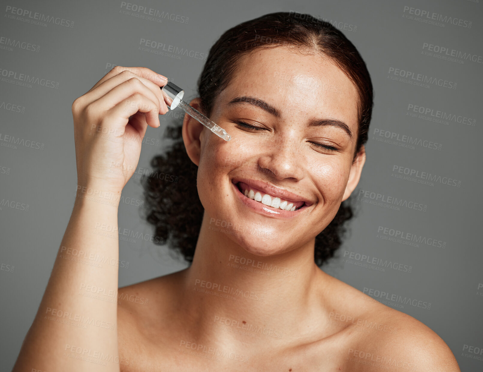 Buy stock photo Beauty, skincare and serum with face of woman for facial, product or self care with morning routine. Luxury, health and wellness with girl model and cosmetics for collagen, vitamin c or essential oil