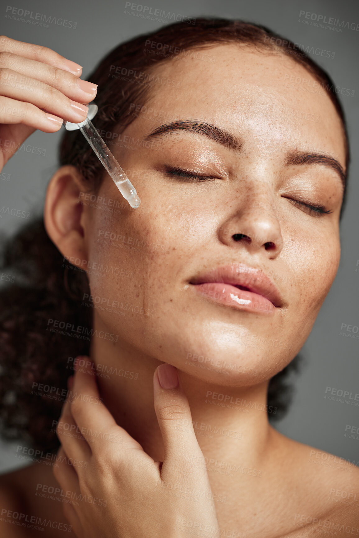 Buy stock photo Beauty, skincare and serum with face of woman for facial, product or self care with morning routine. Luxury, health and wellness with girl model and cosmetics for collagen, vitamin c or essential oil