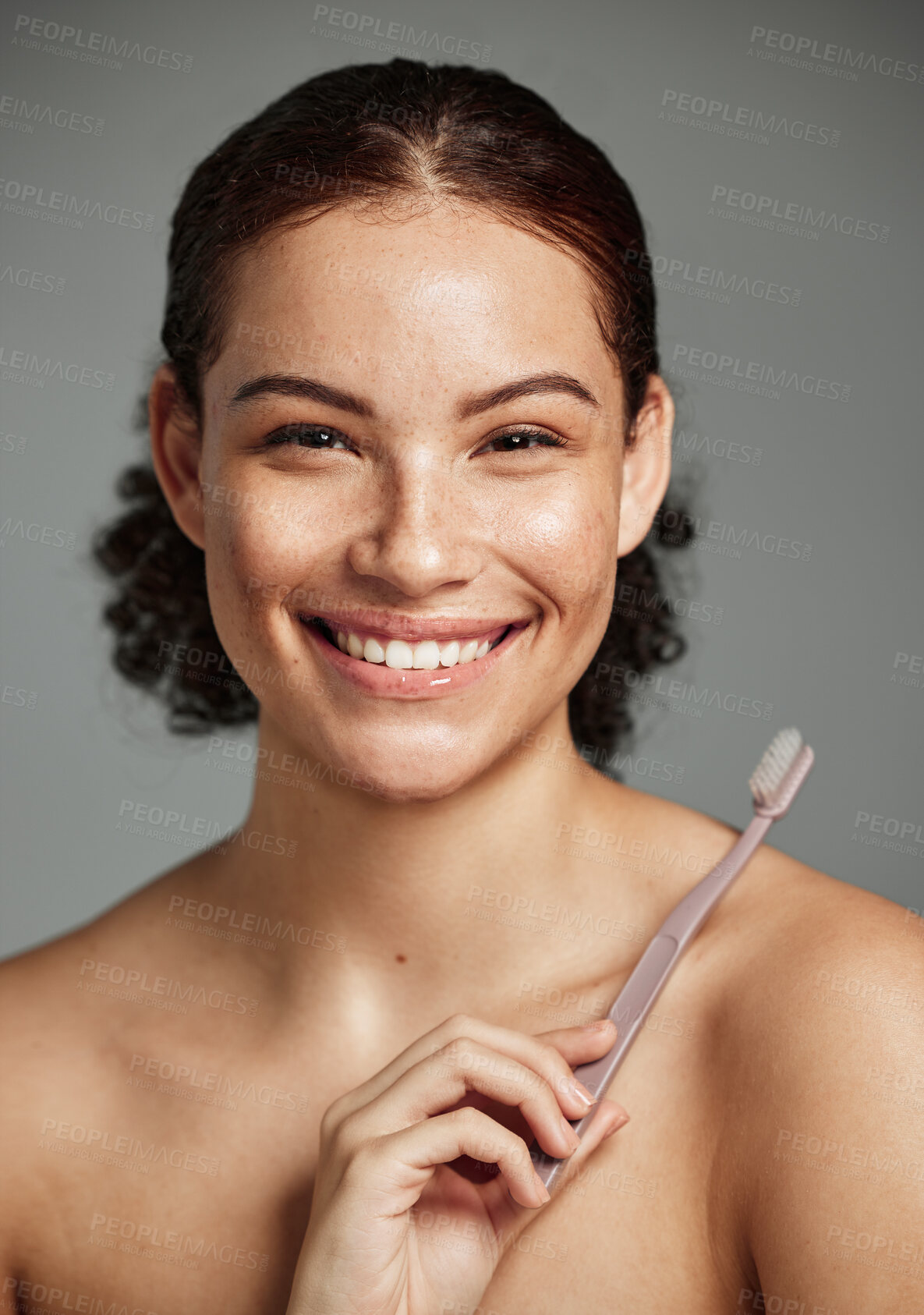 Buy stock photo Brushing teeth, toothbrush and a woman portrait while happy about dental hygiene and teeth whitening. Face of a female with a smile for oral health, healthy mouth and self care on studio background