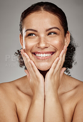 Buy stock photo Face portrait, skincare and beauty of woman in studio isolated on a gray background. Thinking, makeup cosmetics and happy female model satisfied after spa facial treatment for healthy or glowing skin