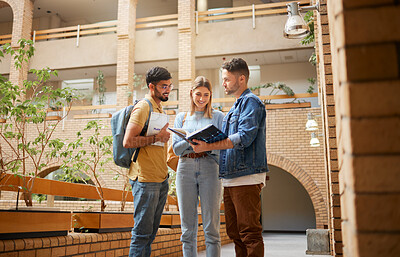 Buy stock photo University, students and friends with study book for project, education or sharing information together at the campus. Group of college people reading textbook with smile for learning or scholarship