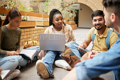 Buy stock photo Study, laptop and group of students research, planning or learning ideas, communication and teamwork in university. Project, education and college diversity friends or people collaboration in school