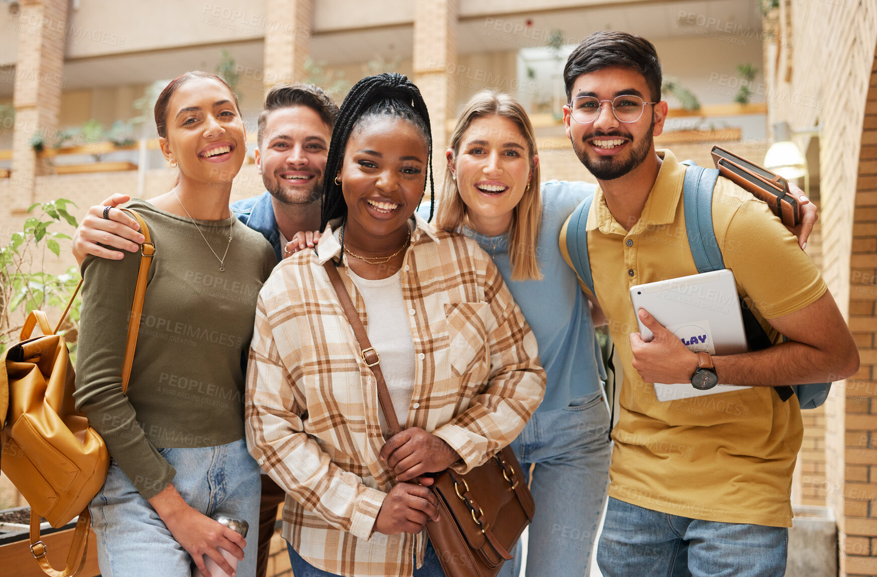 Buy stock photo Portrait, university students and group of friends getting ready for learning. Scholarship, education or happy people standing together at school, campus or college bonding and preparing for studying