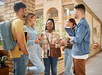 Learning, friends and college with students happy on campus with books for education, scholarship or knowledge. Study, future or university with people for back to school, academy or exam goals