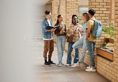 Buy stock photo Education, friends and college with students talking on campus with books for learning, scholarship or knowledge. Study, future or university with people for back to school, academy and group goal