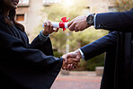 Black woman, handshake or diploma in university graduation ceremony, award event or certificate prize giving. Zoom, student or man shaking hands and college degree, school campus or thank you gesture
