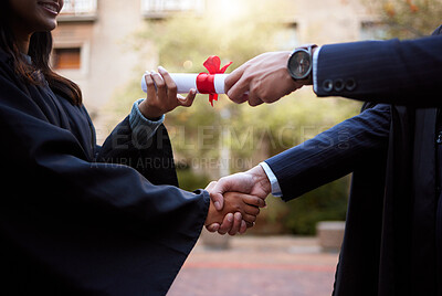 Buy stock photo Black woman, handshake or diploma in university graduation ceremony, award event or certificate prize giving. Zoom, student or man shaking hands and college degree, school campus or thank you gesture