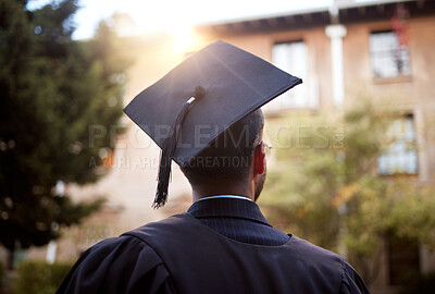 Buy stock photo Black man, graduation and ideas at university building, school and college with employment opportunity goal. Thinking student, graduate and hope in graduation cap, ceremony and education event