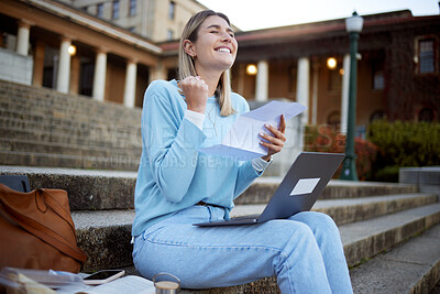 Buy stock photo University success, student scholarship paper and happy woman excited about exam results. Learning, outdoor education building stairs and happy person with winner and school success result letter