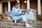 Wow, success or happy student with news, results or report feedback at university or college campus steps. Laptop, education or excited school girl reading exam paper marks or test score with pride
