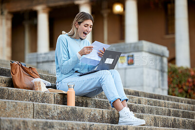 Buy stock photo Wow, success or happy student with news, results or report feedback at university or college campus steps. Laptop, education or excited school girl reading exam paper marks or test score with pride