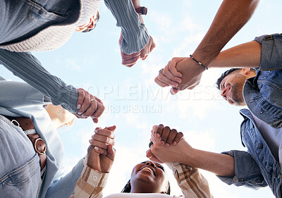 Buy stock photo Support, teamwork or students holding hands with goals, educational community or hope for future success. University, team building or happy friends in partnership or college with a mission or vision