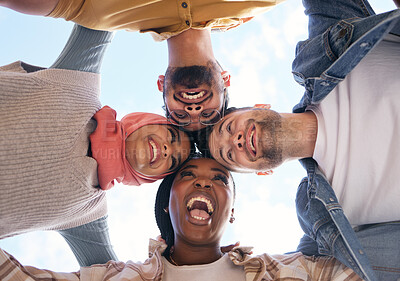 Buy stock photo Support, huddle or happy students in university, educational community or college for future success. Diversity, low angle or funny school friends planning a social group meeting, mission or vision 