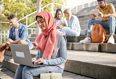 Buy stock photo Students on stairs, Islamic woman and laptop for typing, connection and online reading outdoor. Student, Muslim female and academics on steps, education and knowledge for growth and digital schedule
