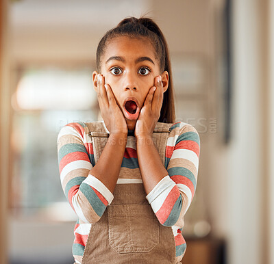 Buy stock photo Little girl, hands and face in shock, surprise or wow for deal, discount or sale standing with expression at home. Portrait of female child, kid or toddler surprised or shocked for news at the house