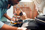 Car problem, tablet and diagnostic software with man and child learning about mechanic repair for family vehicle. Father and daughter or girl bonding while working on engine together using mobile app