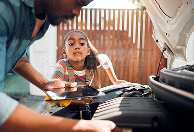 Buy stock photo Car problem, tablet and diagnostic software with man and child learning about mechanic repair for family vehicle. Father and daughter or girl bonding while working on engine together using mobile app