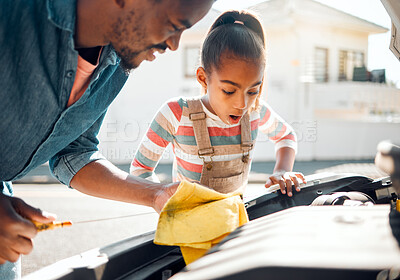 Buy stock photo Car problem, father and teaching child to change motor oil, mechanic repair and fix family vehicle outdoor. Black man and daughter or girl learning and bonding while working on engine for transport 