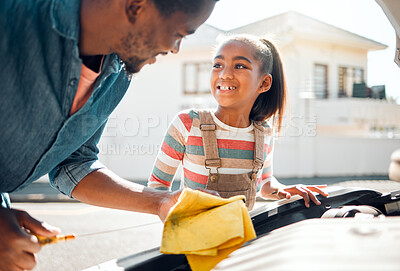 Buy stock photo Car problem, father and child learning to change motor oil, mechanic repair and fix family vehicle outdoor. Black man and daughter bonding while working on engine for transport during road trip 