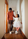Family, princess and father with daughter in their home for dance, fun and playing indoors together. Black family, girl and parent bonding while dancing to music in their house, happy and smile 