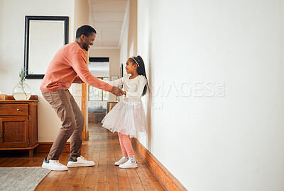 Buy stock photo Dance, happy and ballet with father and daughter holding hands for learning, support and bonding. Princess, teaching and music with dad and girl in black family home for freedom, wellness and helping