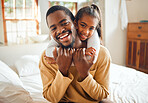 Family, portrait and child hug father with love and care at home, happiness with relationship, trust and affection. Black man, young girl and happy people with embrace, wellness with bonding together