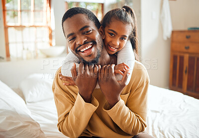 Buy stock photo Family, portrait and child hug father with love and care at home, happiness with relationship, trust and affection. Black man, young girl and happy people with embrace, wellness with bonding together