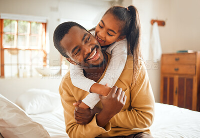 Buy stock photo Family, child hug father with love and care at home, happiness with relationship, trust and affection. Black man, young girl smile and happy people with embrace, wellness with bonding together