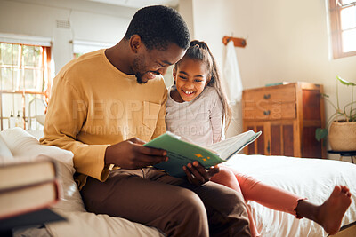 Buy stock photo Black family, storytelling father and child for language support, help and learning bonding and love at home. People, person or dad and girl reading book for creative knowledge, education in bedroom