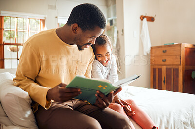 Buy stock photo Storytelling, father reading to child for family love, help and language learning support in bedroom. Happy african people or dad with smart girl for book creativity, education and home teaching