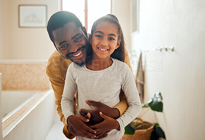 Buy stock photo Happy, smile and portrait of father and daughter in bathroom for self care, hygiene and skincare. Wellness, relax and soap with face of dad and girl in black family home for learning, bath and clean