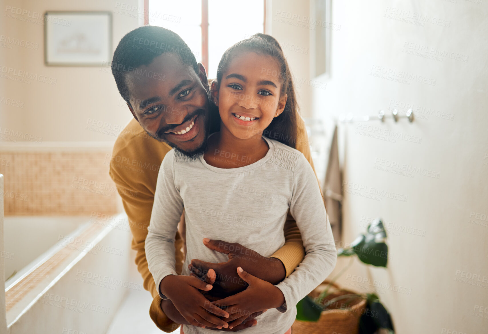 Buy stock photo Happy, smile and portrait of father and daughter in bathroom for self care, hygiene and skincare. Wellness, relax and soap with face of dad and girl in black family home for learning, bath and clean