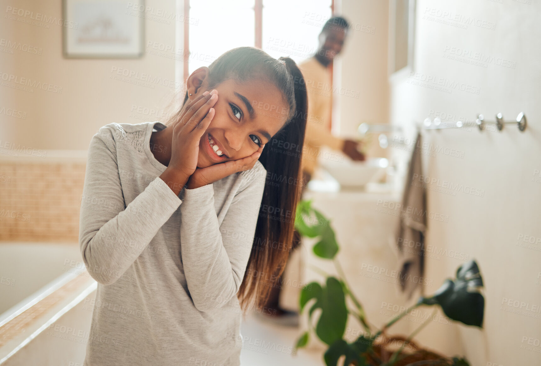 Buy stock photo Family, smile and portrait of girl in bathroom with father for morning routine, hygiene and cleaning. Black family, relax and face of young child for wellness, healthy lifestyle and self care at home