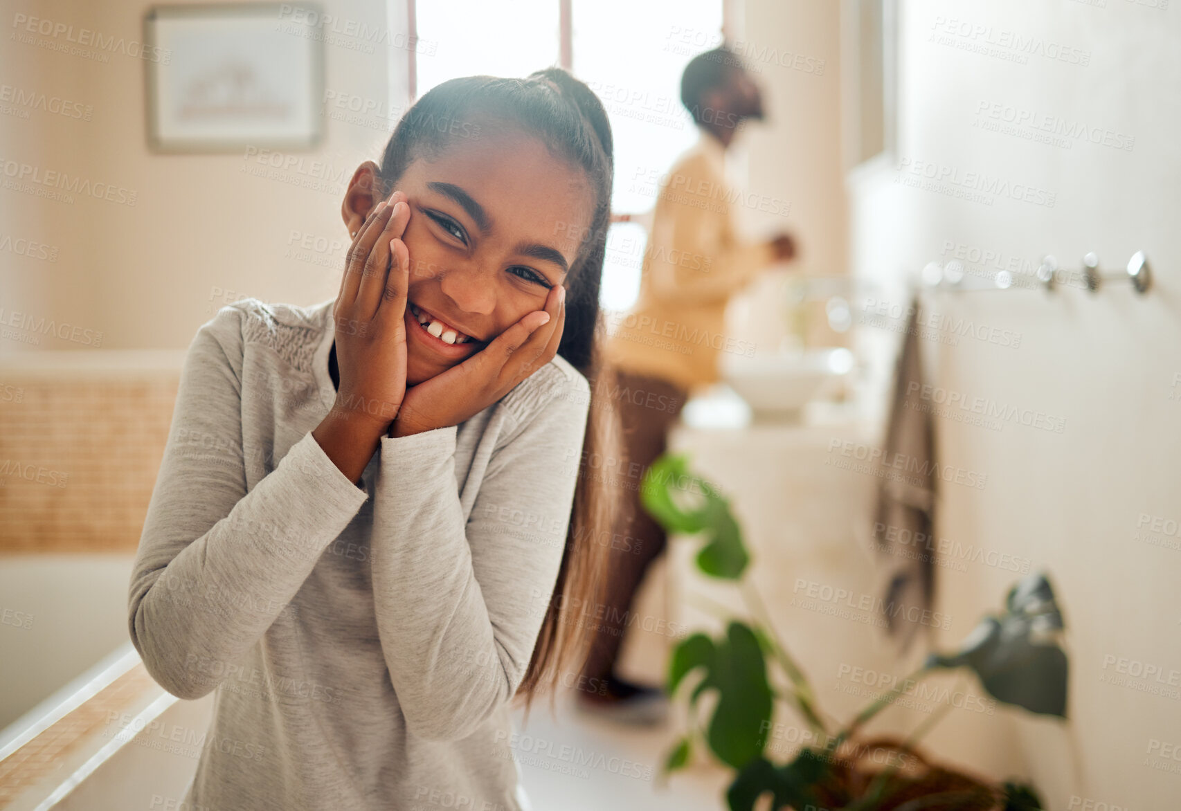 Buy stock photo Skincare, family and portrait of girl in bathroom with dad for morning routine, hygiene and cleaning. Black family, smile and face of young child for wellness, healthy lifestyle and self care at home