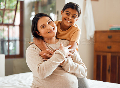 Buy stock photo Hug, pregnant and portrait of mother and daughter in bedroom for relax, bonding and quality time. Health, support and happiness with mom and girl smile in family home for pregnancy and care