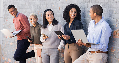 Buy stock photo Diversity, recruitment or startup people for marketing agency interview on tech waiting for recruitment or hiring team. Teamwork, collaboration or employee recruit for a cyber, tech and digital work