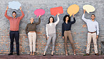 Speech bubble, communication and news with business people and mockup for social media, vote and review. Design, contact and chat sign with employee and board at brick wall for voice and opinion 