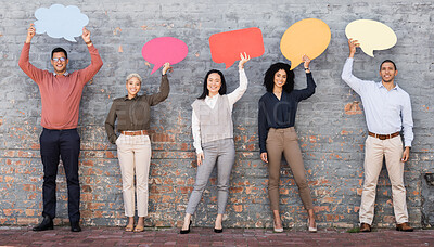 Buy stock photo Speech bubble, communication and news with business people and mockup for social media, vote and review. Design, contact and chat sign with employee and board at brick wall for voice and opinion 