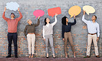 Speech bubble, communication and feedback with business people and mockup for social media, vote and review. Design, contact and chat sign with employee and board at brick wall for voice and opinion 