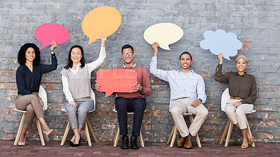 Buy stock photo Speech bubble, feedback and survey with business people and mockup for social media, vote and review. Design, contact and chat sign with employee and board at brick wall for voice and opinion 