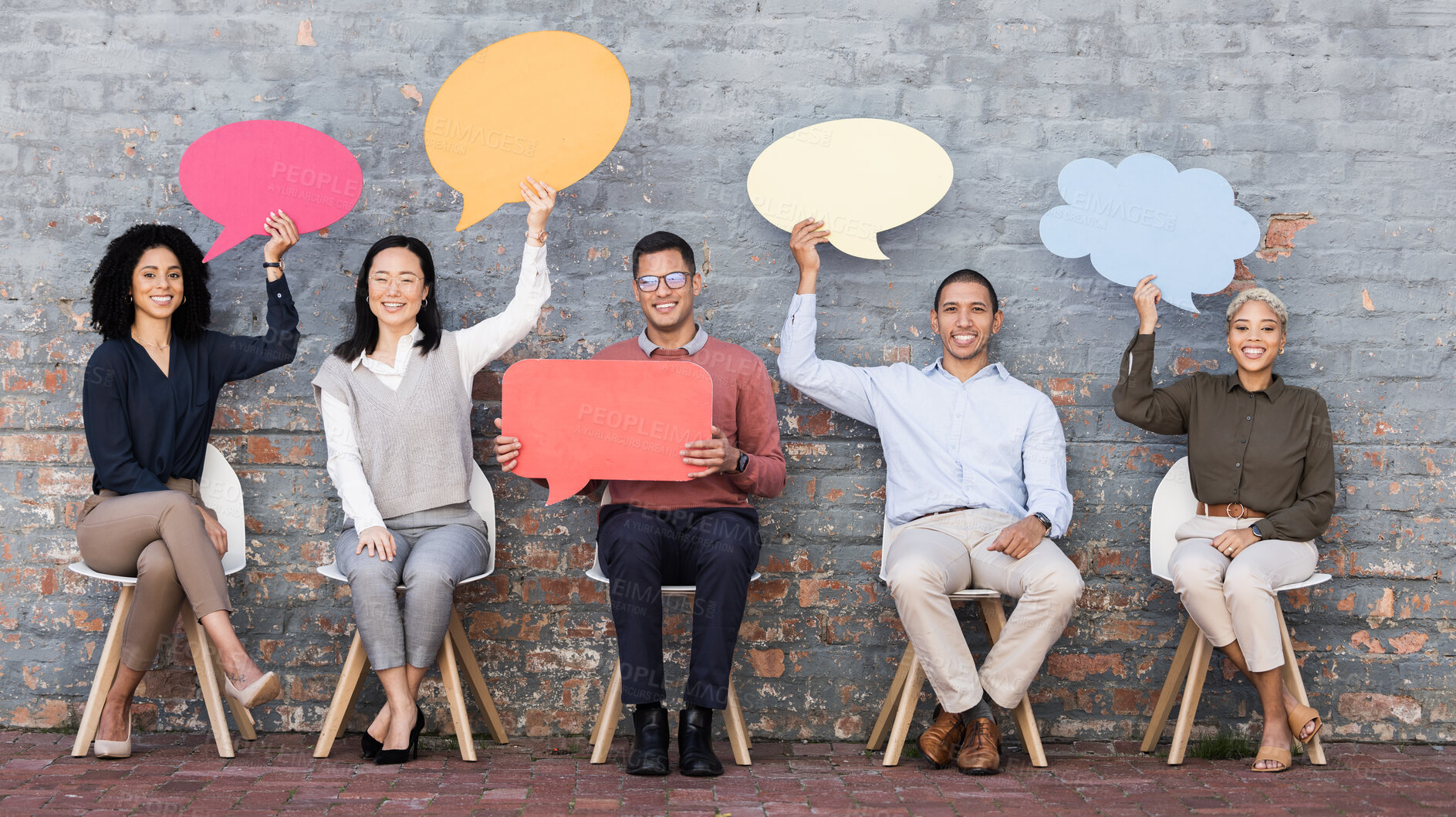 Buy stock photo Speech bubble, feedback and survey with business people and mockup for social media, vote and review. Design, contact and chat sign with employee and board at brick wall for voice and opinion 