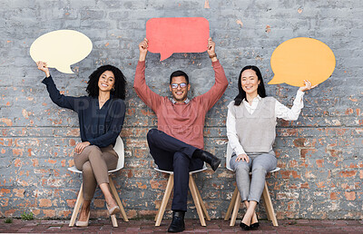 Buy stock photo Speech bubble, networking and feedback with business people and mockup for social media, vote and review. Design, contact and chat sign with employee and board at brick wall for voice and opinion 