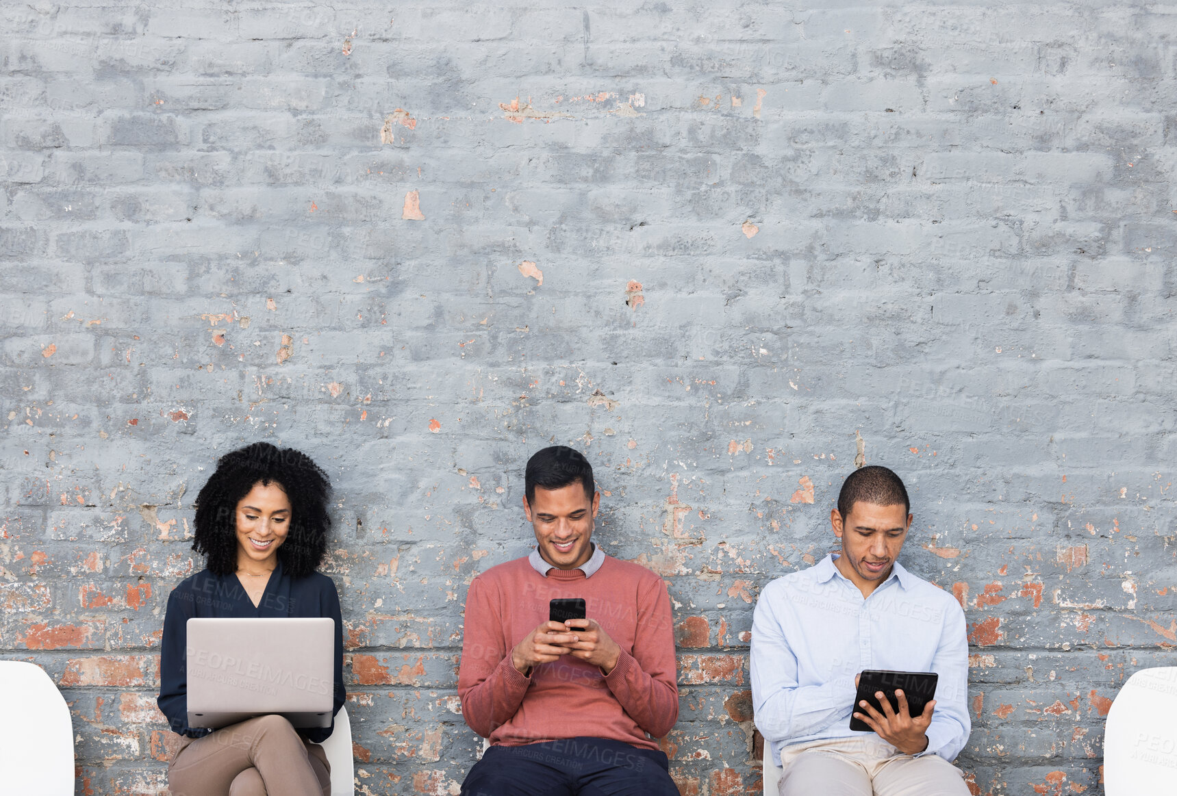 Buy stock photo Diversity, recruitment or business people waiting at startup company, job interview or hiring team. Teamwork, mockup wall or employee for cyber security, technology collaboration or programmer work