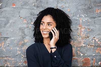 Buy stock photo Black woman, phone call and business contact for communication, contact us and 5g connection. Face of a happy entrepreneur person talking on a smartphone for networking outdoor on brick wall