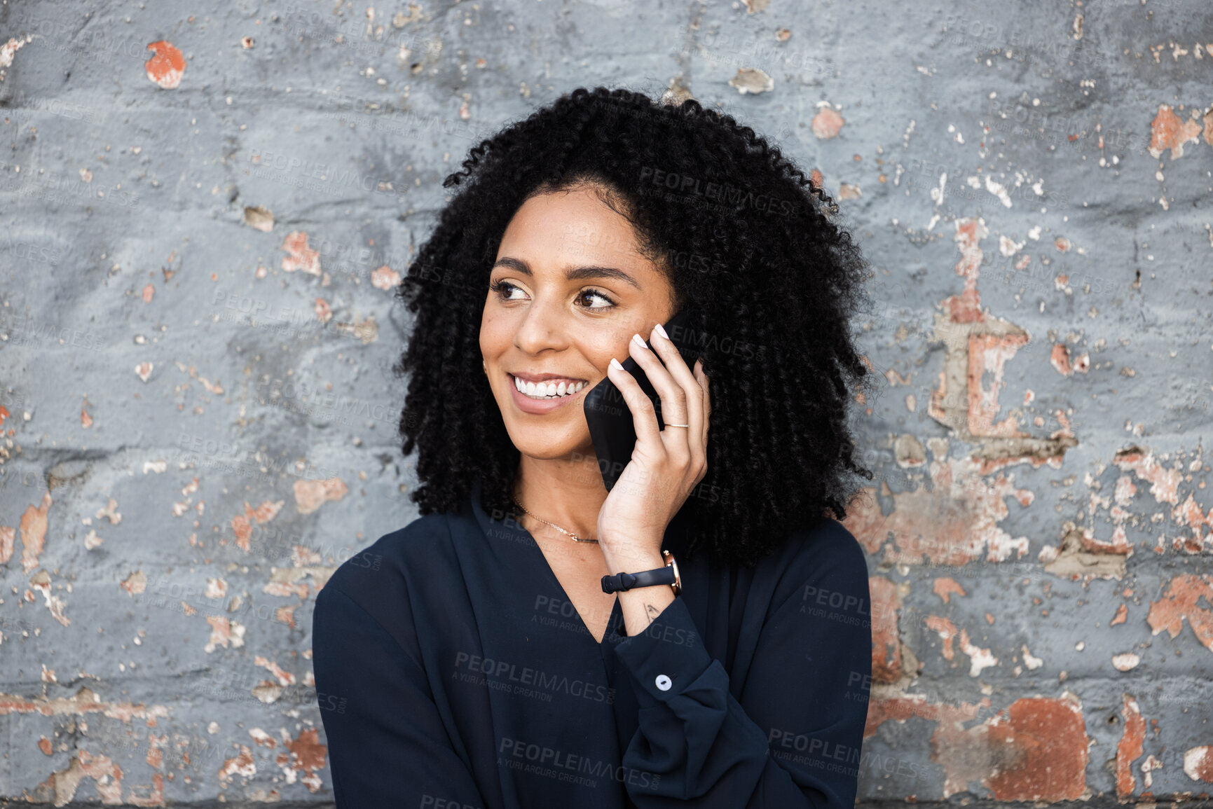 Buy stock photo Black woman, phone call and business contact for communication, contact us and 5g connection. Face of a happy entrepreneur person talking on a smartphone for networking outdoor on brick wall